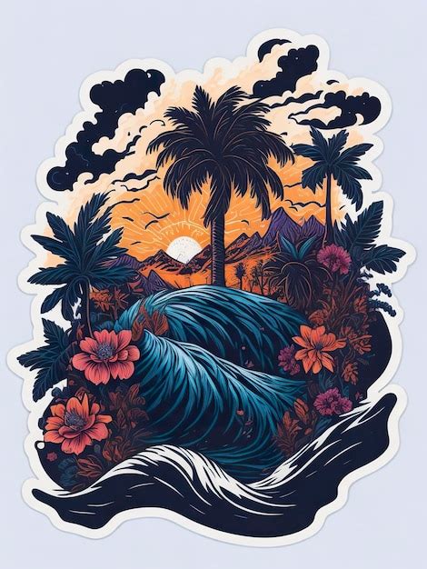 Un Paisaje Tropical Con Una Palmera Y Una Tabla De Surf Con Una Ola En