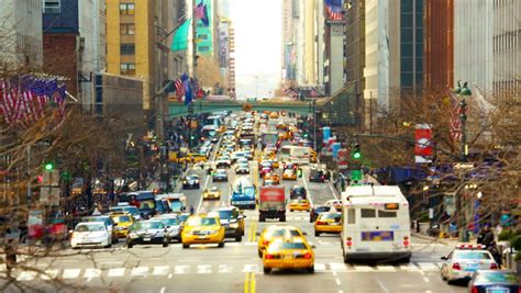 New York City Manhattan Street View With Busy Traffic Along 42nd Street