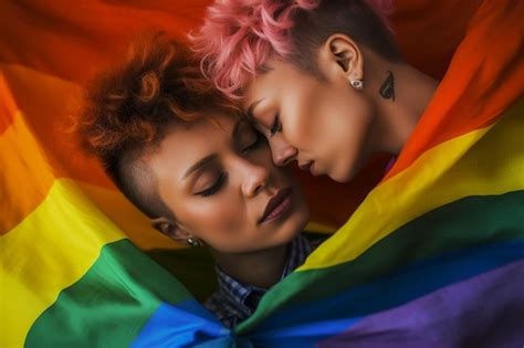 Premium Photo Expressive Pride Photo Of A Gay Lesbian Couple With Rainbow Flag Pride Month