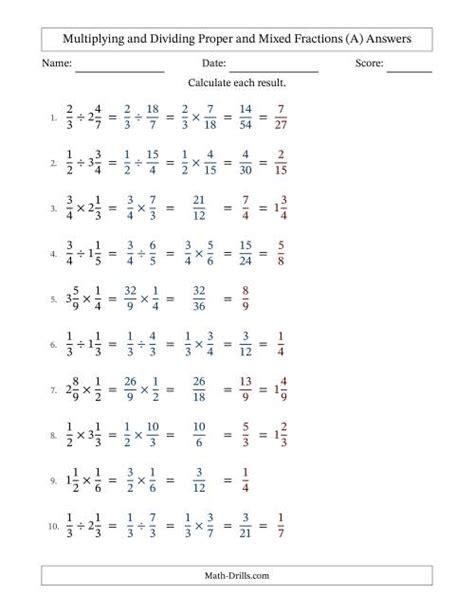 Multiplying And Dividing Proper And Mixed Fractions With All Simplifying Fillable A