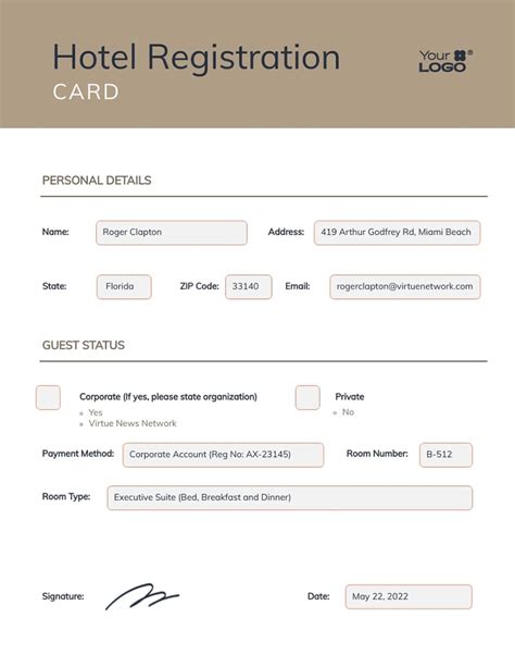 Hotel Registration Card Template Visme