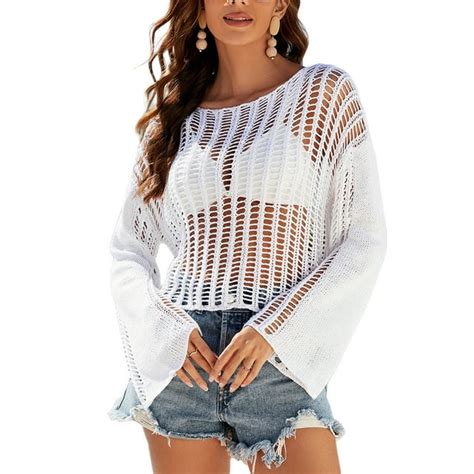 Tregren Women Crochet Knit Crop Tops Long Sleeve See Through Bikini