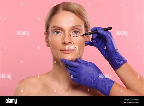 Woman Preparing For Cosmetic Surgery Pink Background Doctor Drawing