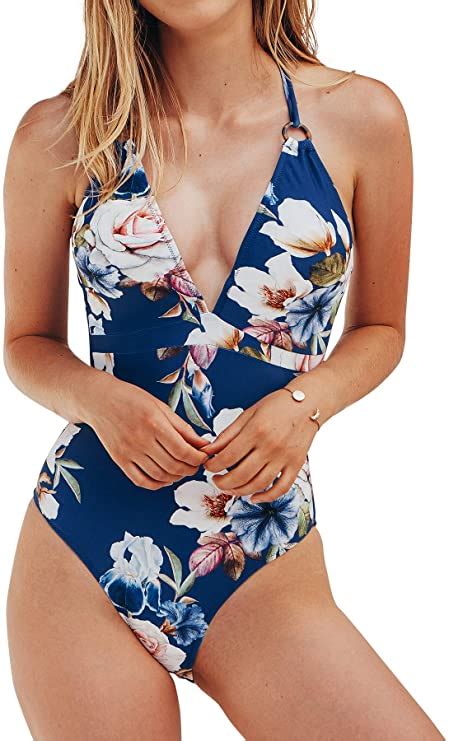 Blue Floral Back Cross Strappy Padding One Piece Swimsuit Wf Shopping