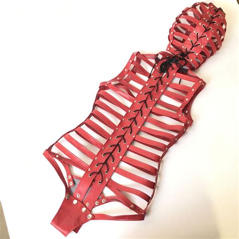 Red Adjustable Full Body Bondage Belt Leather Sleeveless Bikini With