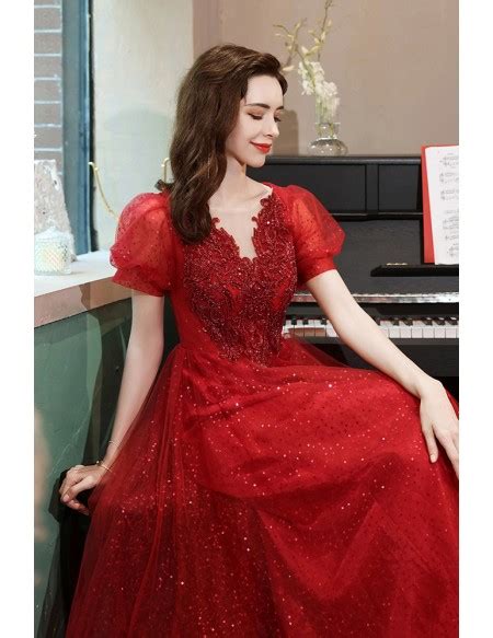 Bling Tulle Red Aline Long Prom Dress With Beaded Appliques Short