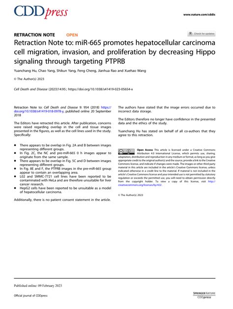 Pdf Retraction Note To Mir 665 Promotes Hepatocellular Carcinoma