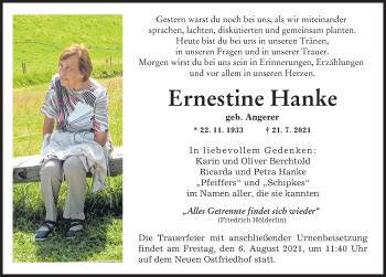 Traueranzeigen Von Ernestine Hanke Augsburger Allgemeine Zeitung