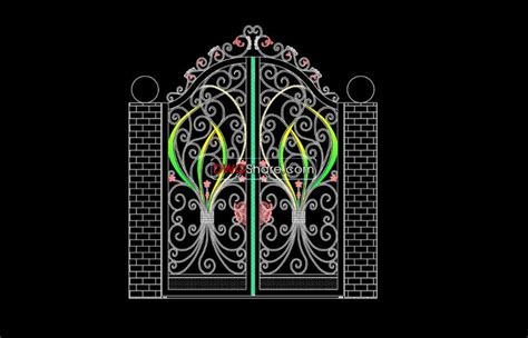 An Ornate Iron Gate With Flowers And Vines On The Top In Front Of A