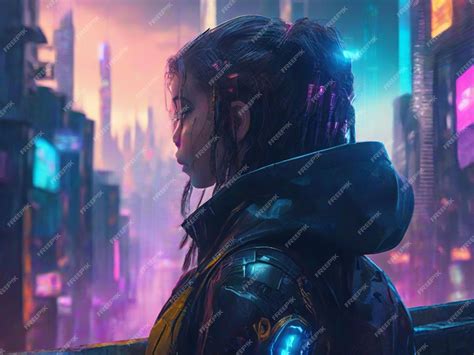 Premium Photo | Girl looks at cyberpunk city