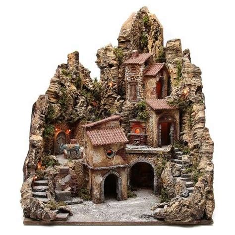 Pueblo para belén iluminado con cabaña río y horno 80x62x58 cm venta