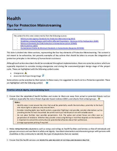 Gpc Protection Mainstreaming Checklist Health Global Protection Cluster