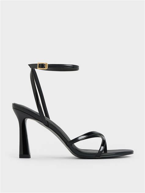 Black Patent Crossover Strap Heeled Sandals Charles And Keith Kh