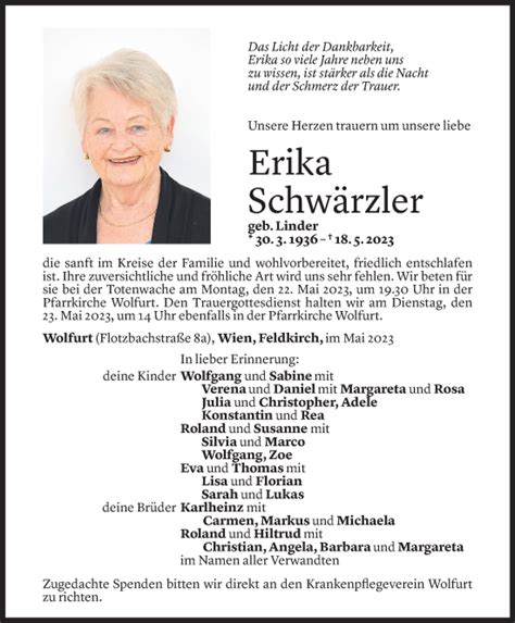 Todesanzeigen von Erika Schwärzler Todesanzeigen Vorarlberger Nachrichten