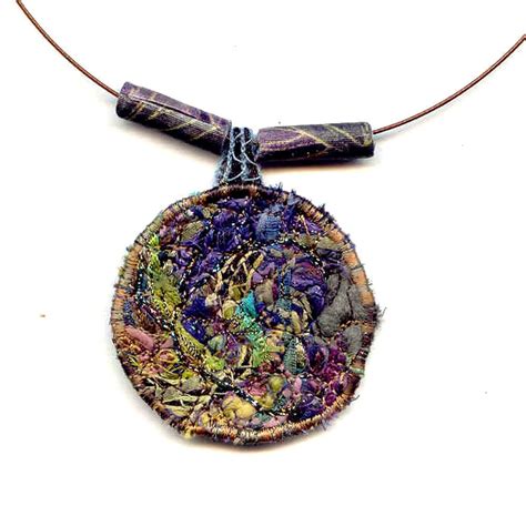 Fiber Necklace Textile Necklace Fiber Pendant Fiber Collage In