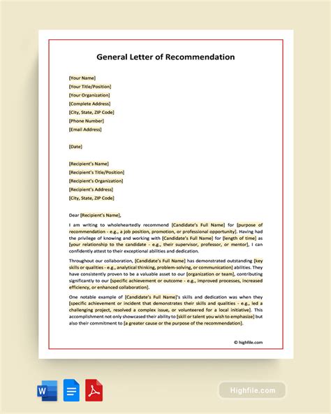 General Letter Of Recommendation Word Pdf Google Docs Highfile