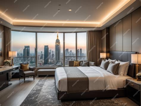 Premium Photo | Luxury hotel room with cityscape view