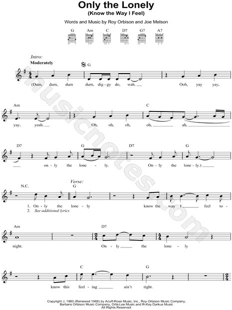 Roy Orbison Only The Lonely Sheet Music Leadsheet In G Major Download And Print Sku Mn0060452