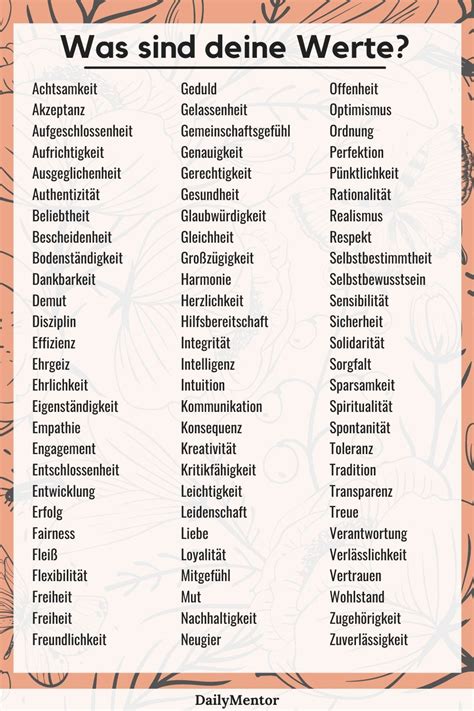 Eine Liste von persönlichen Werten Welche dieser Werte sind dir