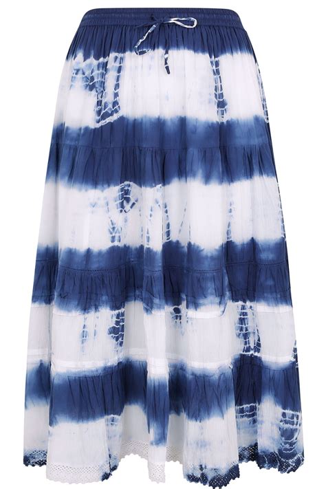 Blue White Tie Dye Tiered Crinkle Maxi Skirt Plus Size 16 To 36