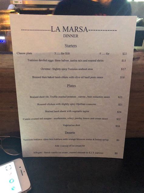 Menu at La Marsa pub & bar, San Francisco