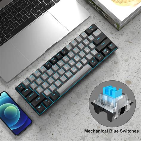 MageGee 60% Mechanical Keyboard, Gaming Keyboard with Blue Switches and Sea Blue Backlit Small ...