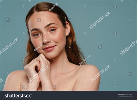 Halfnaked Ginger Woman Smiling Looking Camera Stock Photo