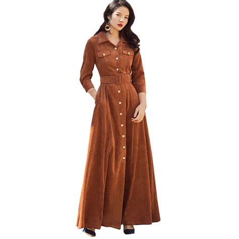 Buy Women Vintage Turn Down Collar Corduroy Long Dress