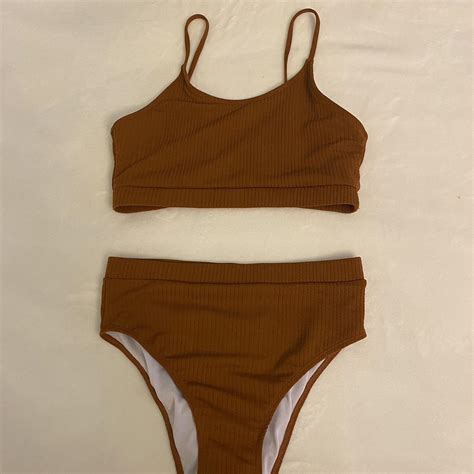Burnt Orange Ribbed High Waisted Bikini Set Size Depop
