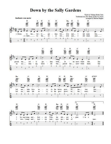 Down By The Sally Gardens Easy Ukulele Sheet Music And Tab With Chords And Lyrics