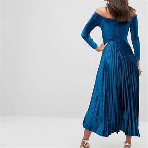 Asos Velvet Wrap Bardot Pleated Midi Dress In The Depop