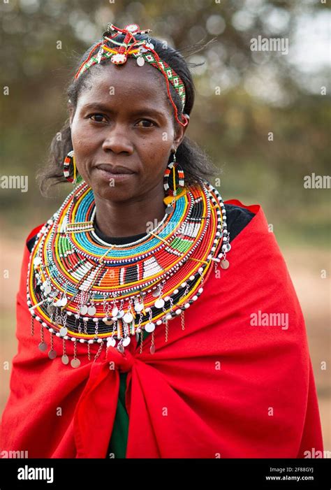 Traditional African Maasai Woman Wearing Beaded Necklace Headdress And