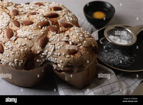 Delicious Italian Easter Dove Cake Colomba Di Pasqua On Grey Table