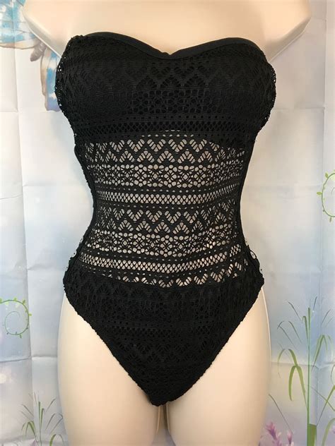 Women S Black One Piece Crochet Swimsuit Swimwear Ebay