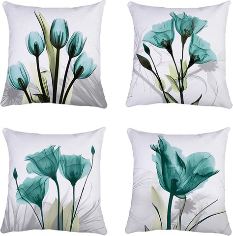 Qualknoy Set Of Cushion Covers X Teal Green Flower Linen Modern