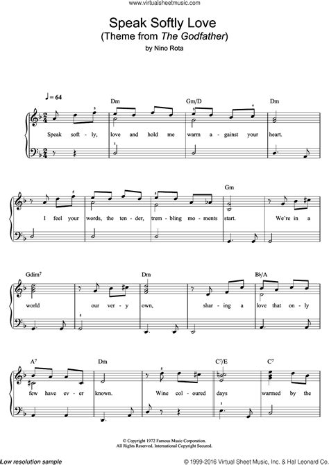 Speak Softly Love Godfather Theme Sheet Music For Piano Solo