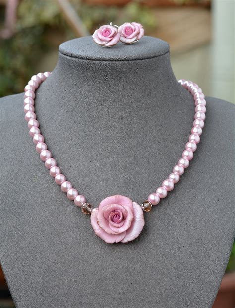 Pink Rose Necklace Pink Floral Necklace Flower Jewelry Pearl Etsy