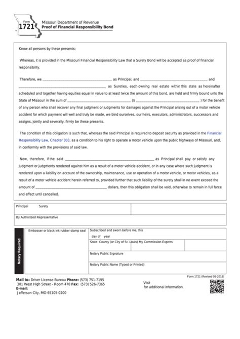 Fillable Form 1721 Proof Of Financial Responsibility Bond Printable Pdf Download