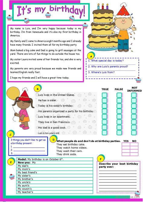 It S My Birthday Reading Comprehen English ESL Worksheets Pdf Doc