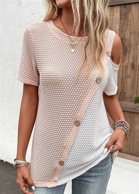 Rotita Patchwork Dusty Pink Round Neck T Shirt Trendy Tops For Women