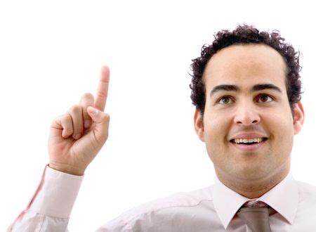 Business Man Pointing Something Smiling Isolated Over A White