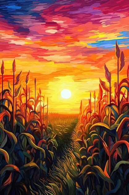 Premium AI Image | a sunset in a corn field with a sunset in the ...