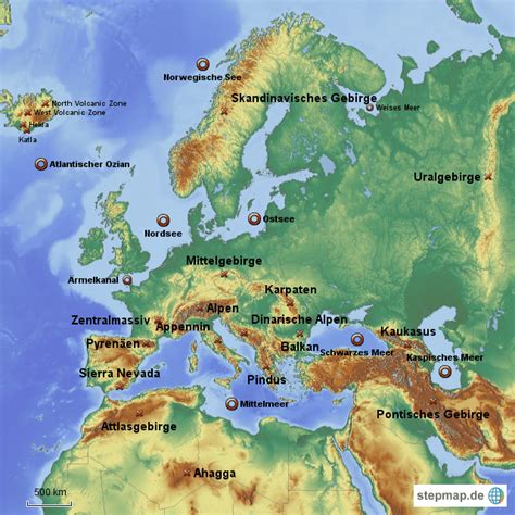 Stumme Karte Europa Gebirge StepMap Deutschland FlÃ¼sse stumme