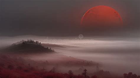 Crimson Secrets Mysterious Landscape Beneath The Blood Moon And Fog