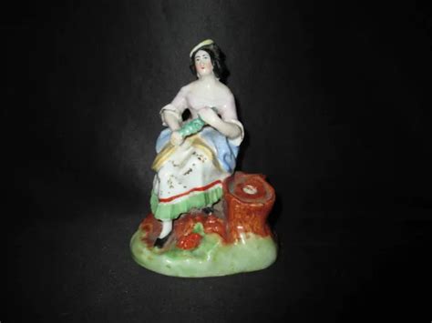 Ancien Encrier Peint En Porcelaine De Vieux Paris Demoselle Assise Xix