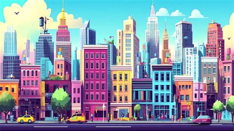 Un Paisaje Urbano De Dibujos Animados Con Edificios Altos Y Colores