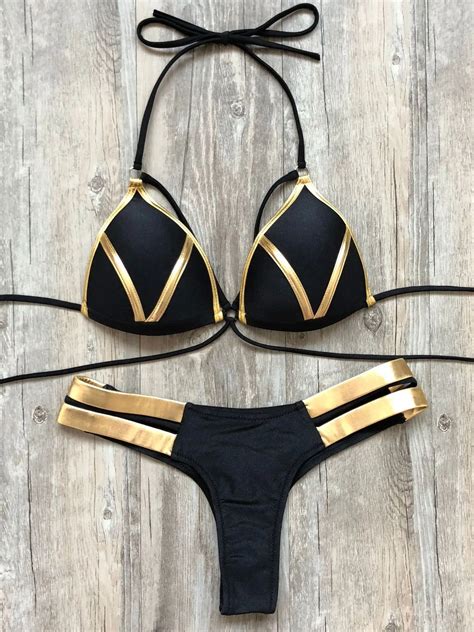 Gold Stamping Women Bikini Set Sexy Padded Summer Fashion Solid Color