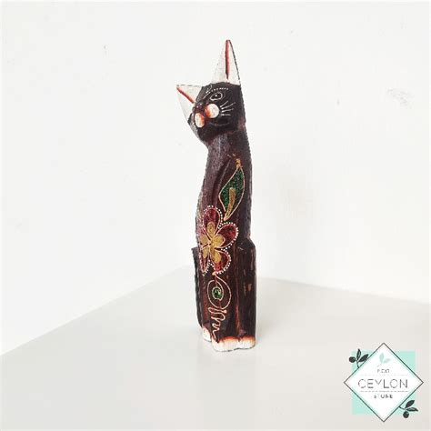 Hand Carved Wooden Cat Statue Wood Cat Sculpture Ceylon Wooden Craft