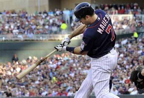 Twins Catcher Joe Mauer Drives Out A Sacrifice Fly Against The White