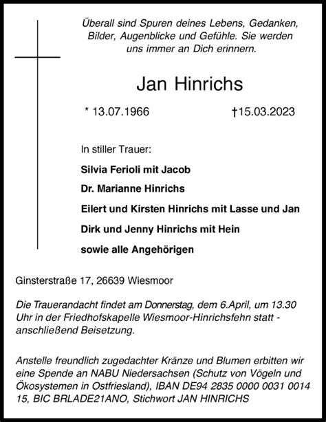 Traueranzeigen Von Jan Hinrichs Nordwest Trauer De